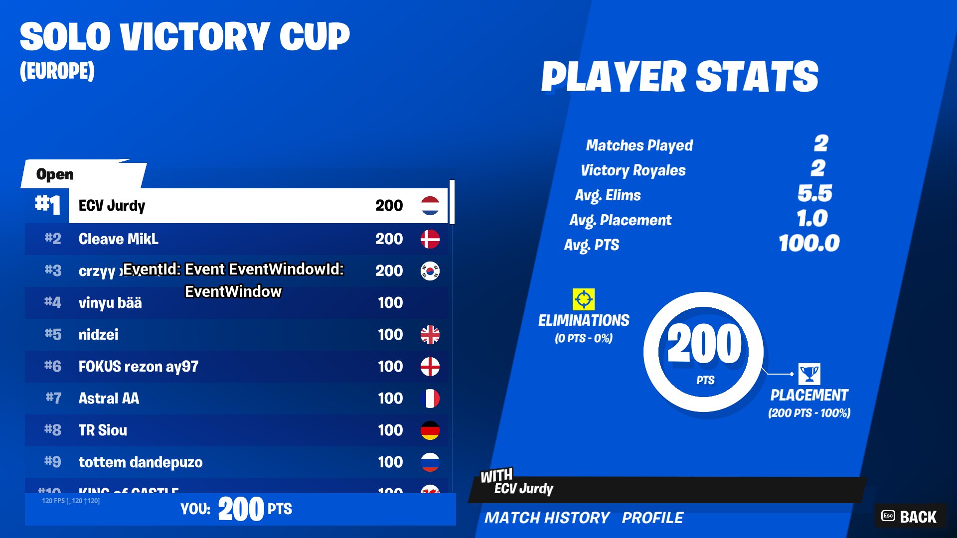 Solo Victory Cash Cup placement screenshot